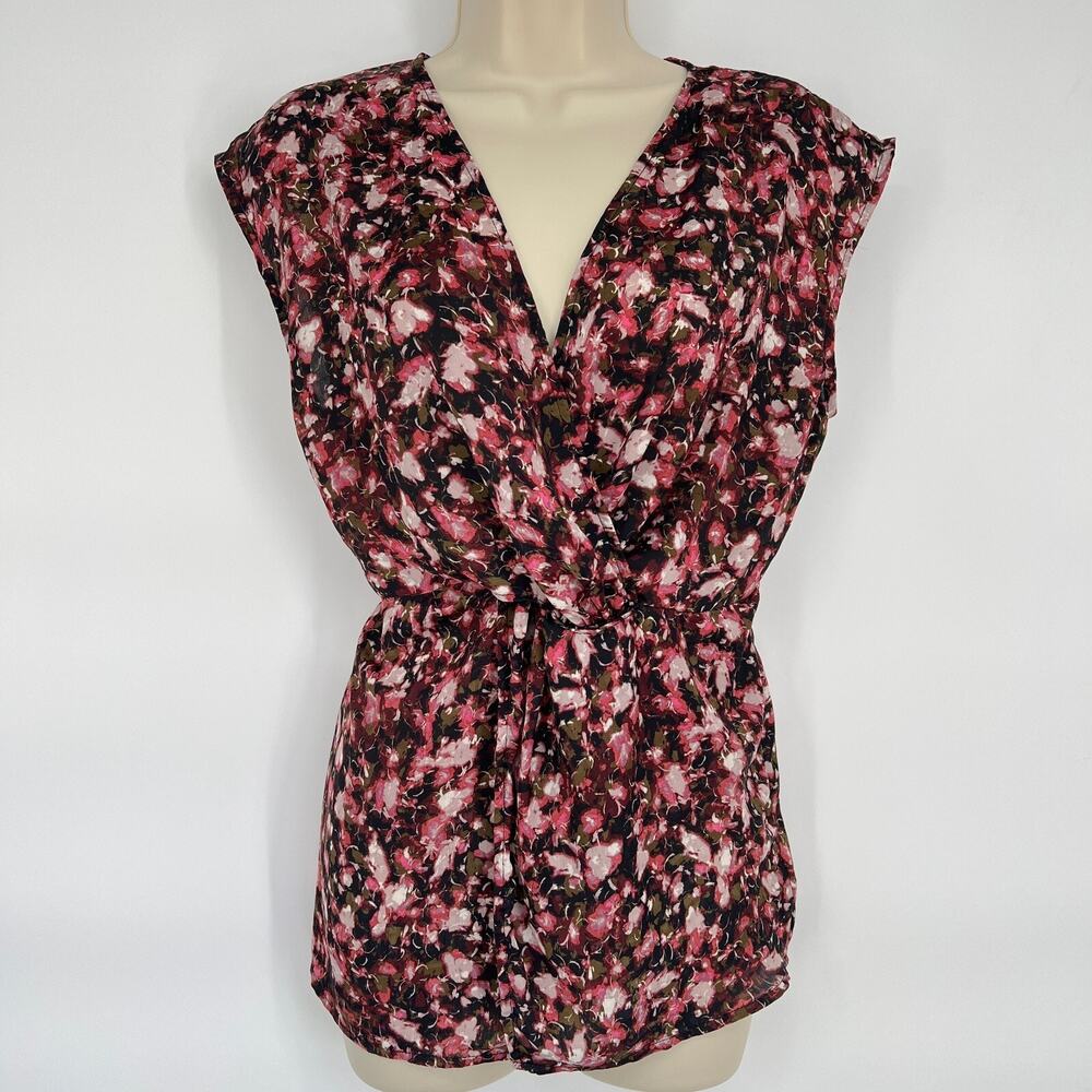 Halogen Blouse Sz M Floral Twist Front Surplice Top Y2K Stretch Workwear Chic